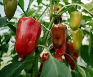 Ripe red bell peppers growing on vine